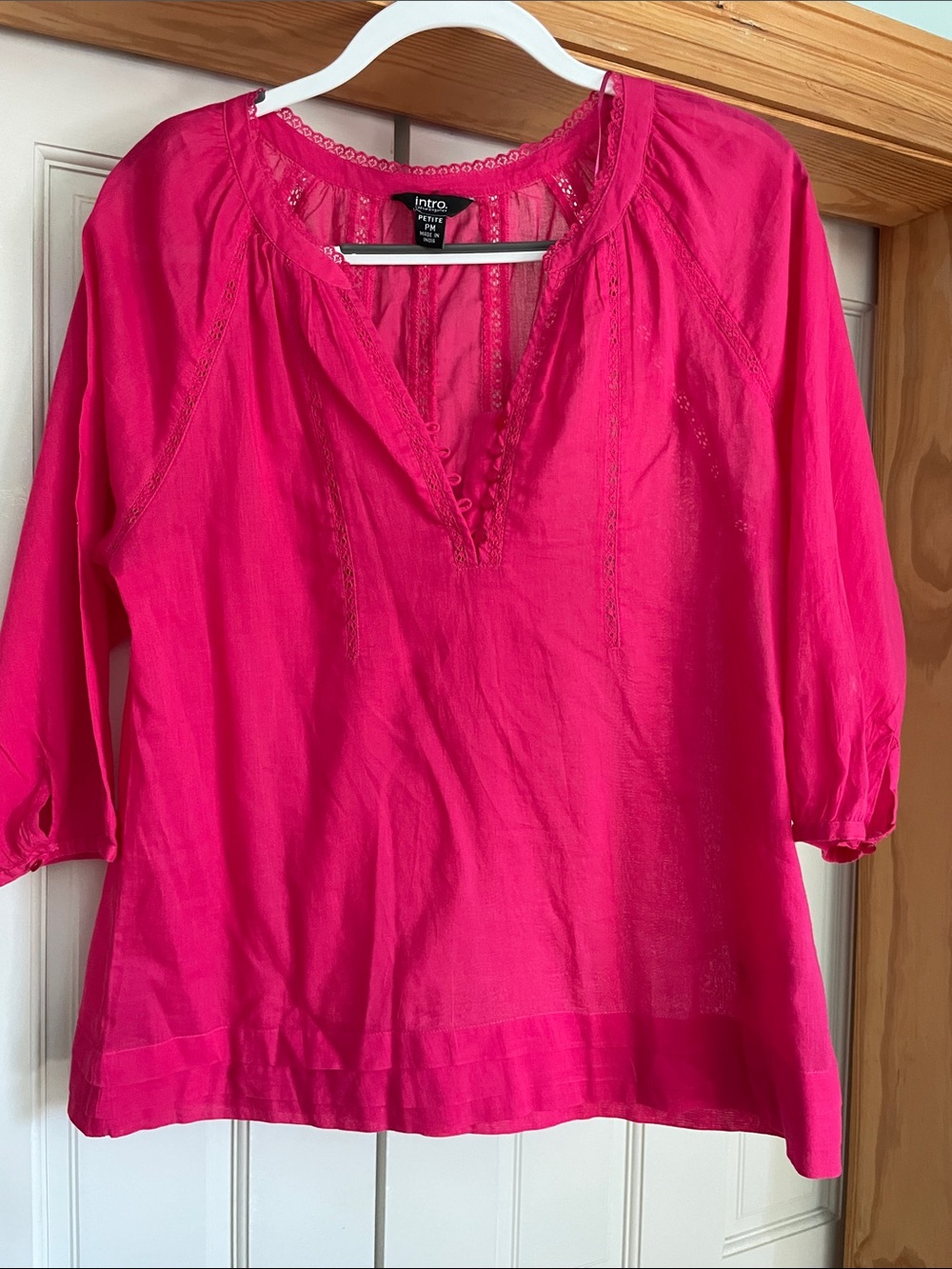 intro. Fuchsia Peasant Blouse 100% Cotton- Women's 3/4 Sleeve Size PM